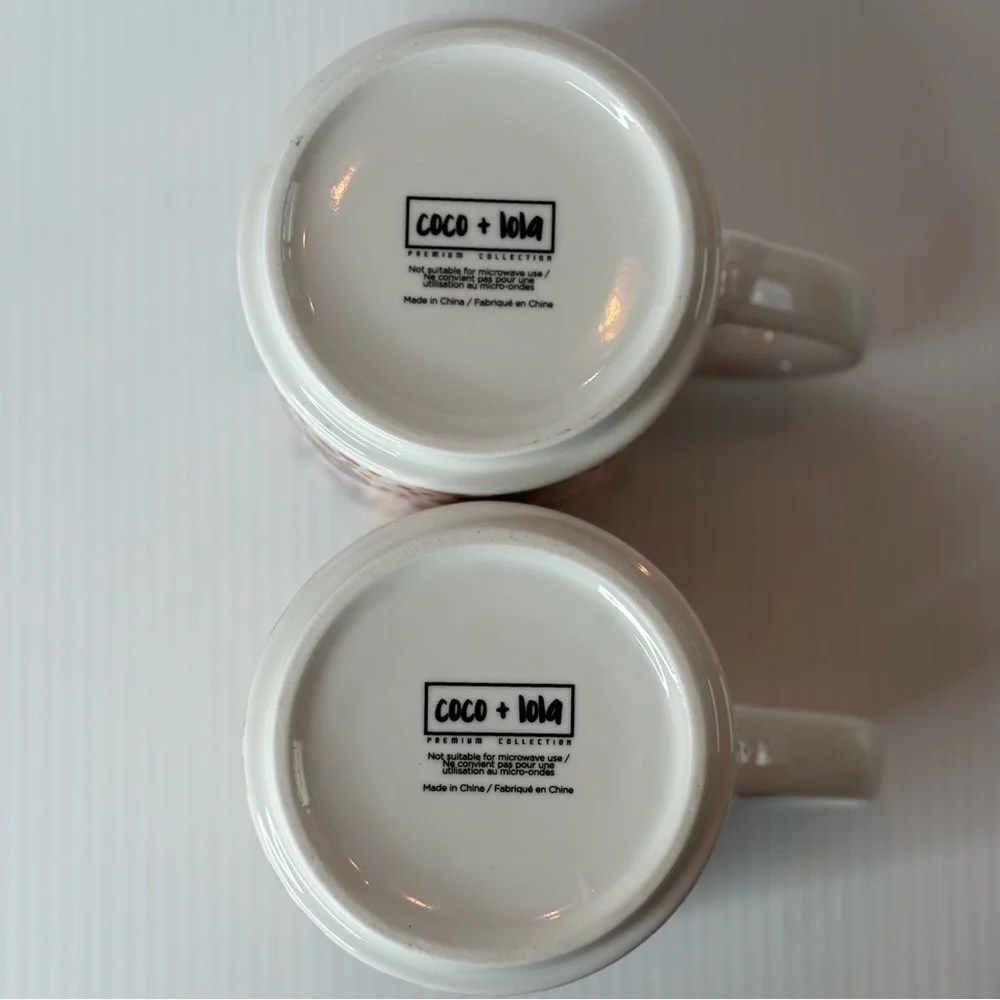 Set Of 2 Coco & Lola Large Coffee Mugs Pink Floral And  Polka Dot Ceramic Set